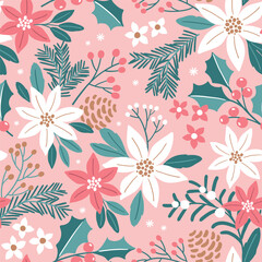 Seamless vector pattern with hand drawn Christmas foliage. Winter flora design with poinsettia, berry and pine branch. Perfect for textile, wallpaper or nursery print design. EPS10 vector file. © MirabellePrint