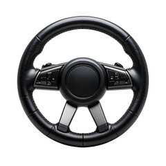 Black leather car steering wheel, top-down view