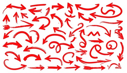A collection of diverse, hand-drawn, red arrows with various directions and shapes, perfect for graphic design or illustration purposes.