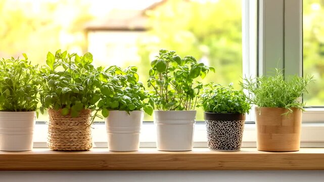 Fresh herbs in white and patterned pots adorn a sunny windowsill.