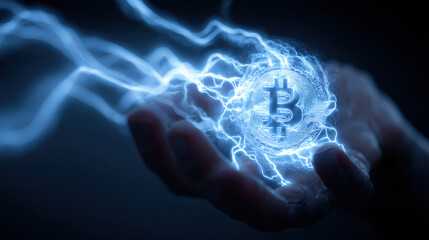 Electric hand cybernetic hand glowing coin lightning blue energy surge sparks emotion