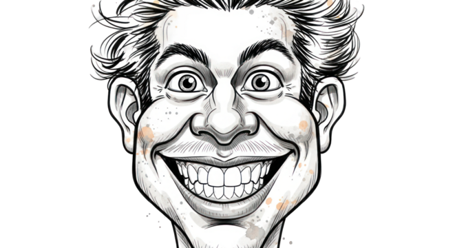 Exaggerated Caricature of a Smiling Man with Spiky Hair. - Powered by Adobe