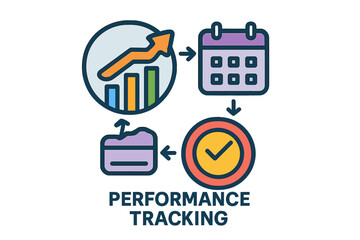 Performance tracking concept with graphs, calendar, and checkmark performance tracking flow