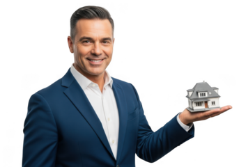 Smiling man in suit holding miniature house isolated on transparent background