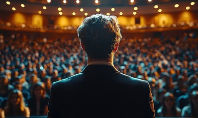 A speaker addressing a large audience in a theater