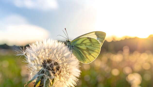 Fototapeta Green butterfly on a dandelion in a sunny field at sunset.
