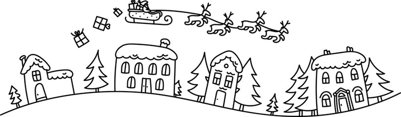Santa Flying Over Winter Village Border Doodle