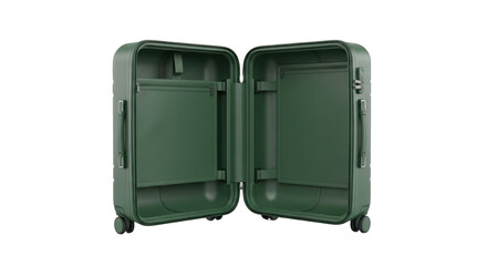 Open Olive Green Hardshell Suitcase with Interior Compartments and Wheels.