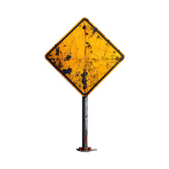 Worn, yellow diamond-shaped traffic sign on a metal post