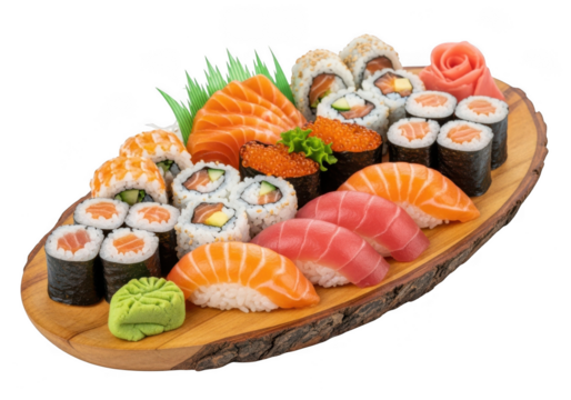 Assortment of sushi and rolls on a wooden platter isolated on transparent background