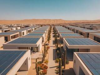 Aerial view of a modern desert resort with rows of white buildings and solar panels under a clear blue sky