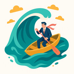 Determined businessman navigates giant wave in small boat, symbolizing business challenge and resilience