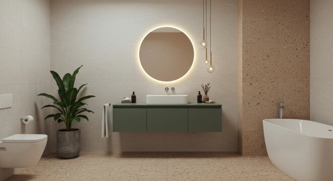 A minimalist bathroom with a green vanity and terrazzo floor.