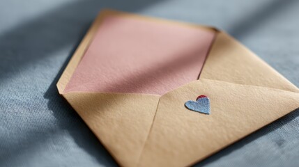 Open envelope with pink card and heart-shaped sticker on blue fabric