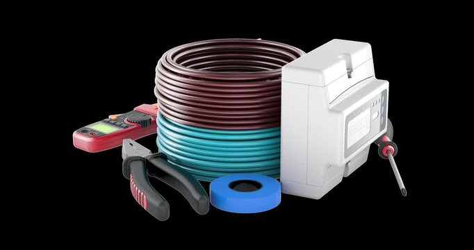 Electrical equipment and tools set, rotation animation, seamlessly loopable. 3D rendering isolated on transparent background