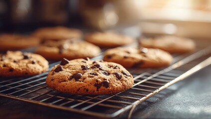 Freshly baked chocolate chip cookies cooling on a wire rack.