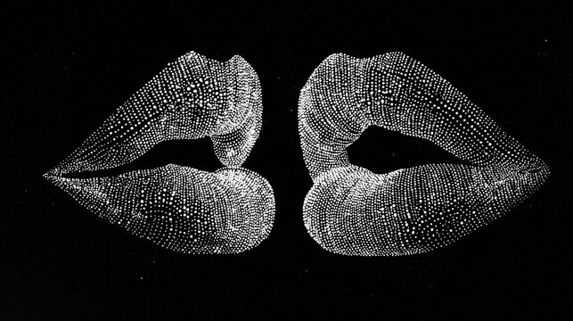 Monochrome pixelated lips on black background - abstract digital art