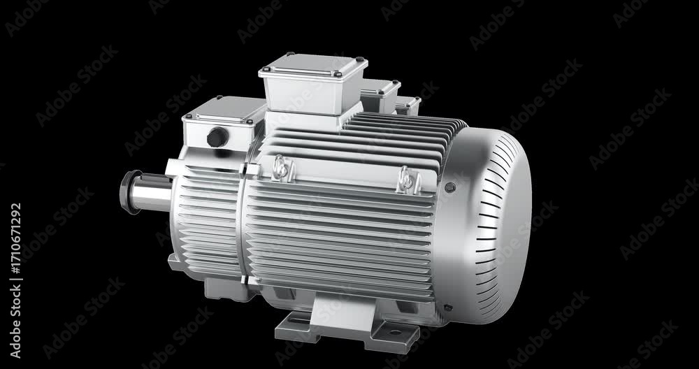 Poster industrial electric motors of different sizes. rotation animation, seamlessly loopable. 3d rendering
