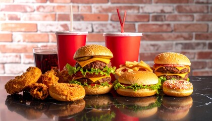 Satisfy cravings with a delicious burger, crispy fries, fried chicken, sweet donuts, and cold soda