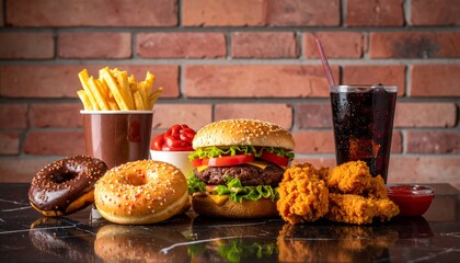 Satisfy cravings with a delicious burger, crispy fries, fried chicken, sweet donuts, and cold soda