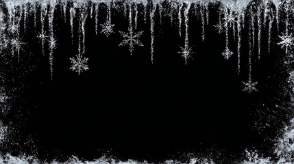 Frosty winter frame with icicles and snowflakes on black background