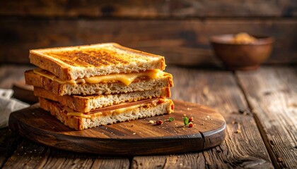 Indulgent grilled cheese sandwich stacked high, perfectly toasted with gooey melted cheese, a gourmet delight