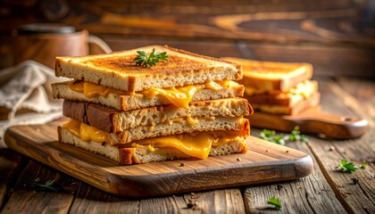 Indulgent grilled cheese sandwich stacked high, perfectly toasted with gooey melted cheese, a gourmet delight