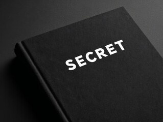 Closed black book with 'secret' written on cover on dark surface