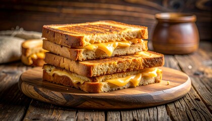 Indulgent grilled cheese sandwich stacked high, perfectly toasted with gooey melted cheese, a gourmet delight