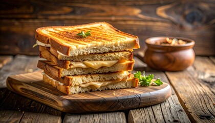 Indulgent grilled cheese sandwich stacked high, perfectly toasted with gooey melted cheese, a gourmet delight