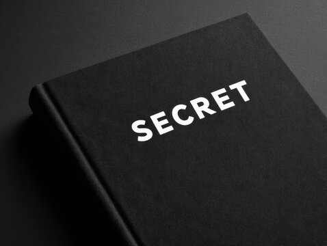 Closed black book with 'secret' written on cover on dark surface