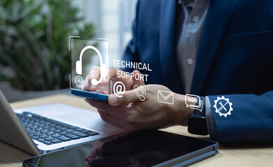 Digital customer support concept with 24/7 service and multichannel tools like chatbot, email, and phone for software as a service businesses, IT helpdesks, and online service providers.
