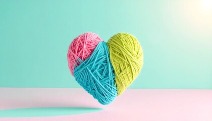 Colorful yarn heart on pastel background