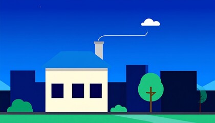 Flat illustration of a house at night, depicting Cyber Monday home shopping with a calm, blue color palette, showcasing simple graphic design against a cityscape