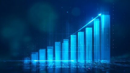 Blue futuristic digital bar graph with rising arrow on dark background