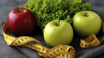 Three apples two green and one red sit with lettuce and a yellow measuring tape on a gray surface - Powered by Adobe