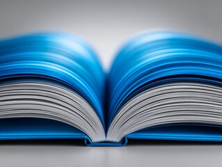 Open blue book with curved pages on neutral background