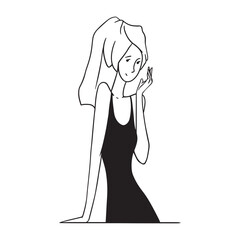 Minimal doodle illustration of a woman with towel on head, touching her skin in a beauty routine. Elegant black and white sketch, perfect for skincare, wellness, branding and modern design