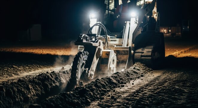 Night footage featuring skidsteer trenching machine with lights cutting trenches under remote control illustrating 247 operational capability.