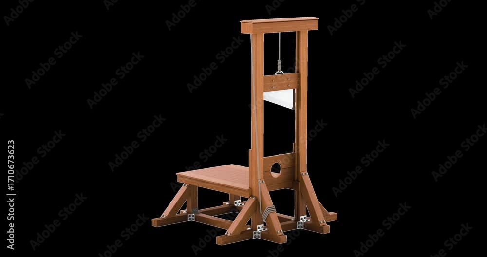 Poster wooden guillotine execution device, rotation animation, seamlessly loopable. 3d rendering isolated o