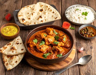 Indian chicken curry with naan and rice