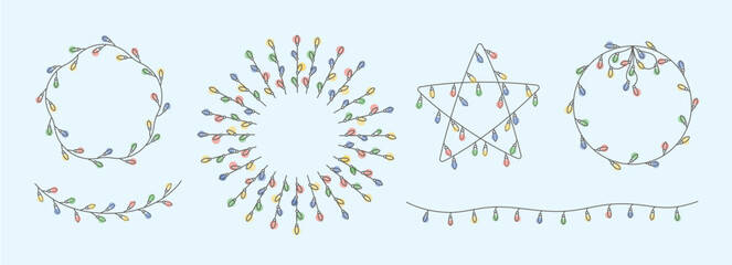 Thin line string festive Christmas, holiday light garland shapes set. Retro minimalist color vector bulbs frames, borders, elements collection. simple retro designs