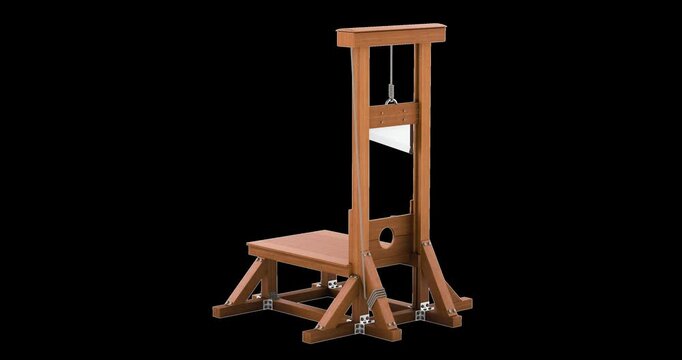 Wooden guillotine execution device, rotation animation, seamlessly loopable. 3D rendering isolated on transparent background