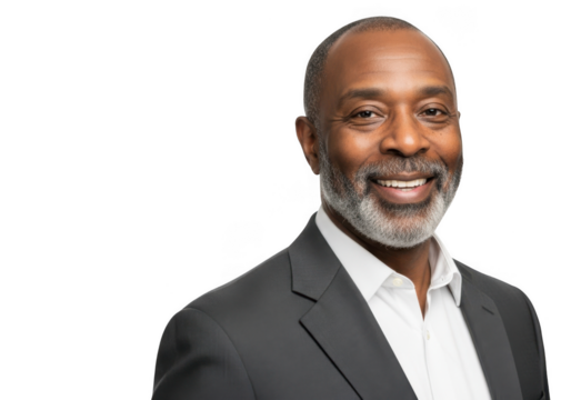 Smiling african american businessman in suit isolated on transparent background