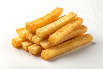 Golden brown crispy french fries stacked high on a clean white background