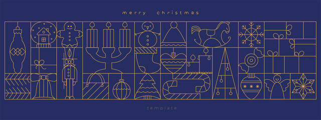 Merry Christmas art deco banner, card, box, package decoration. Thin line luxury print, design, vector background. Simple icons