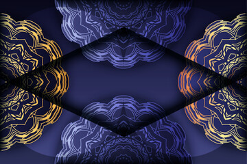 Abstract floral mandala with golden blue patterns on dark ornamental symmetrical background