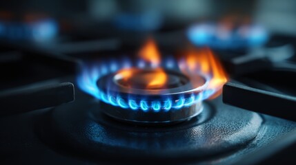 Blue flame on kitchen gas stove burner close-up with glowing heat and metal surface