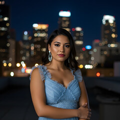 Mujer hispana elegante con vestido azul posando frente a las luces de la ciudad de noche