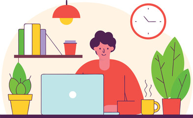 Man working at home with laptop, plants and coffee